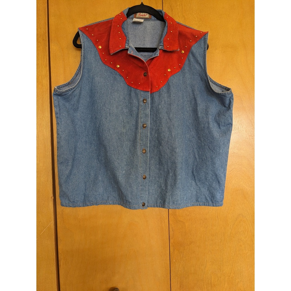 Vintage Seruchi Denim Vest Red Suede Studded Western Yoke Blue Sleeveless Sz 18